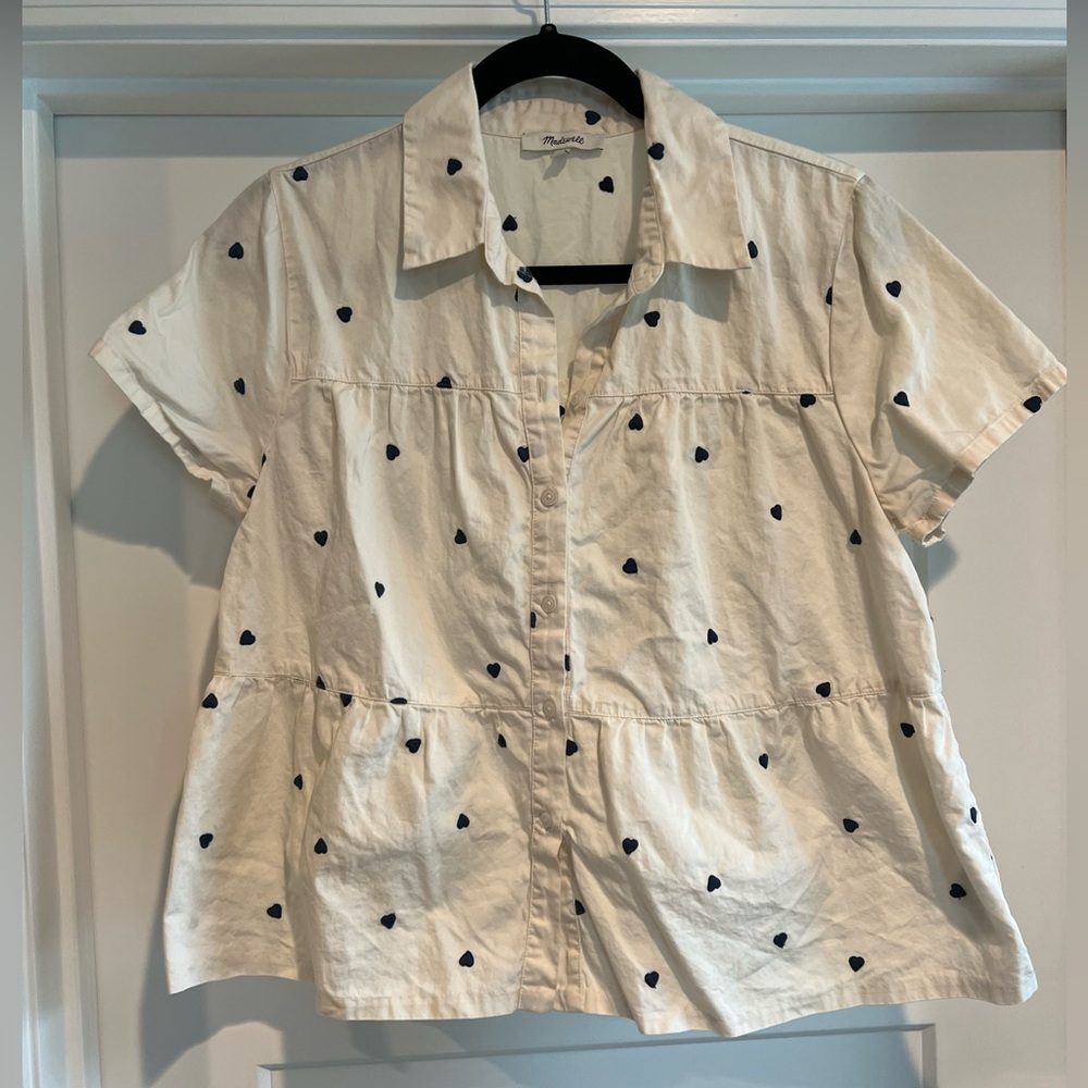 Madewell off white collared women’s shirt with navy heart embroidered design